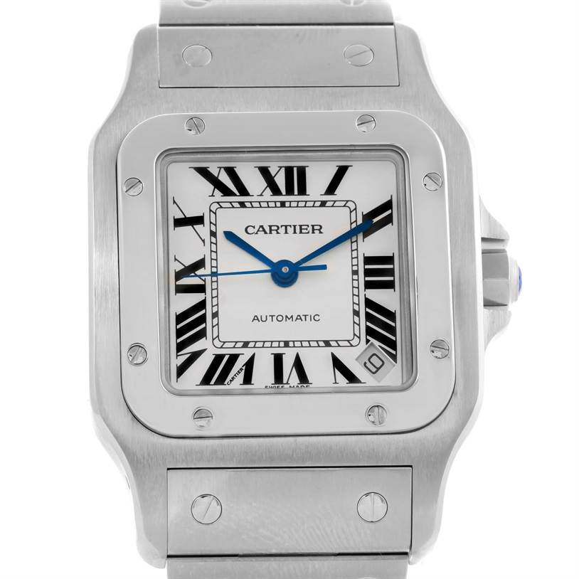 The image shows a frontal view of a Cartier Santos W20098D6 Men
s Stainless Steel Silver Dial W20098D6 Men
s Stainless Steel Silver Dial watch, highlighting its face, bezel, and part of the bracelet.