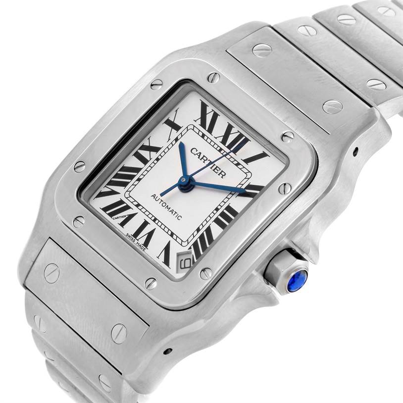 This image shows a close-up of the dial, bezel, and part of the bracelet of a Cartier Santos W20098D6 Men
s Stainless Steel Silver Dial W20098D6 Men
s Stainless Steel Silver Dial watch.