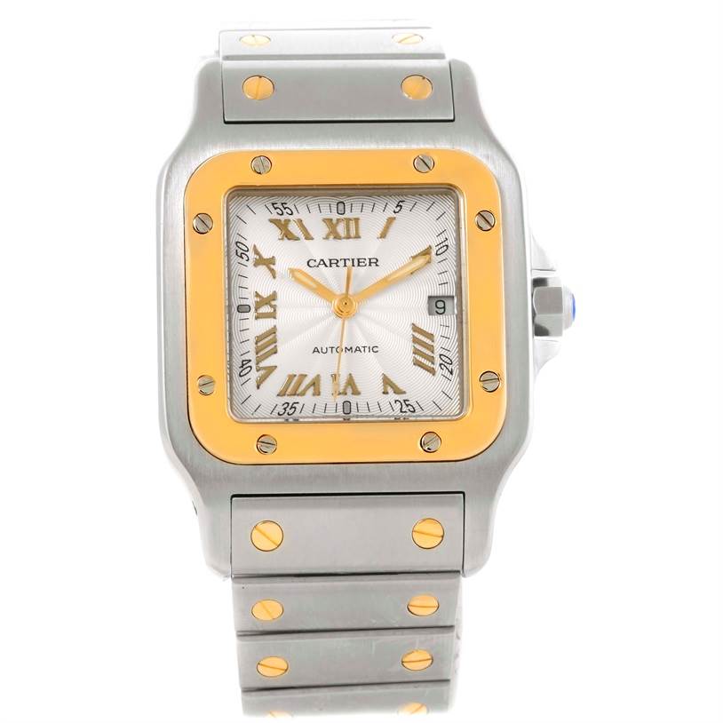 This image shows a frontal view of the dial, case, and bracelet of the Cartier Santos W20058C4 Men's Stainless Steel Silver Dial W20058C4 Men's Stainless Steel Silver Dial watch.