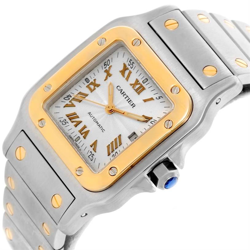 The image shows a close-up, angled view of the Cartier Santos W20058C4 Men's Stainless Steel Silver Dial W20058C4 Men's Stainless Steel Silver Dial watch, highlighting its dial, bezel, crown, and part of the bracelet.