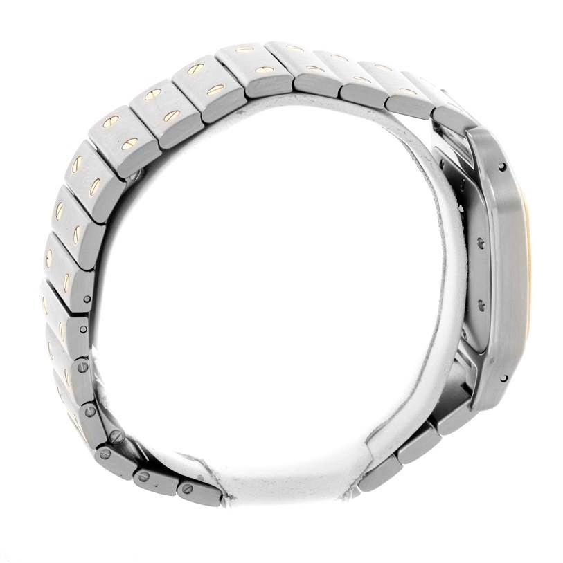 The image shows a side view of the bracelet and case of a Santos model by Cartier.