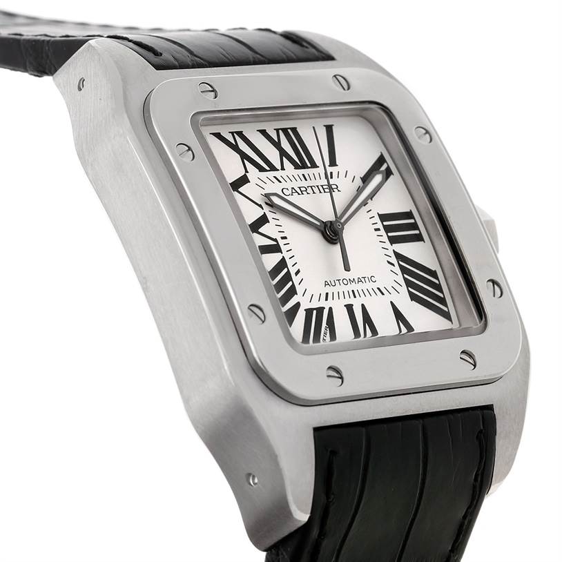 The image shows a Cartier Santos W20073X8 Men's Stainless Steel Silver Dial W20073X8 Men's Stainless Steel Silver Dial watch at a slight angle, highlighting the face, bezel, and part of the band.