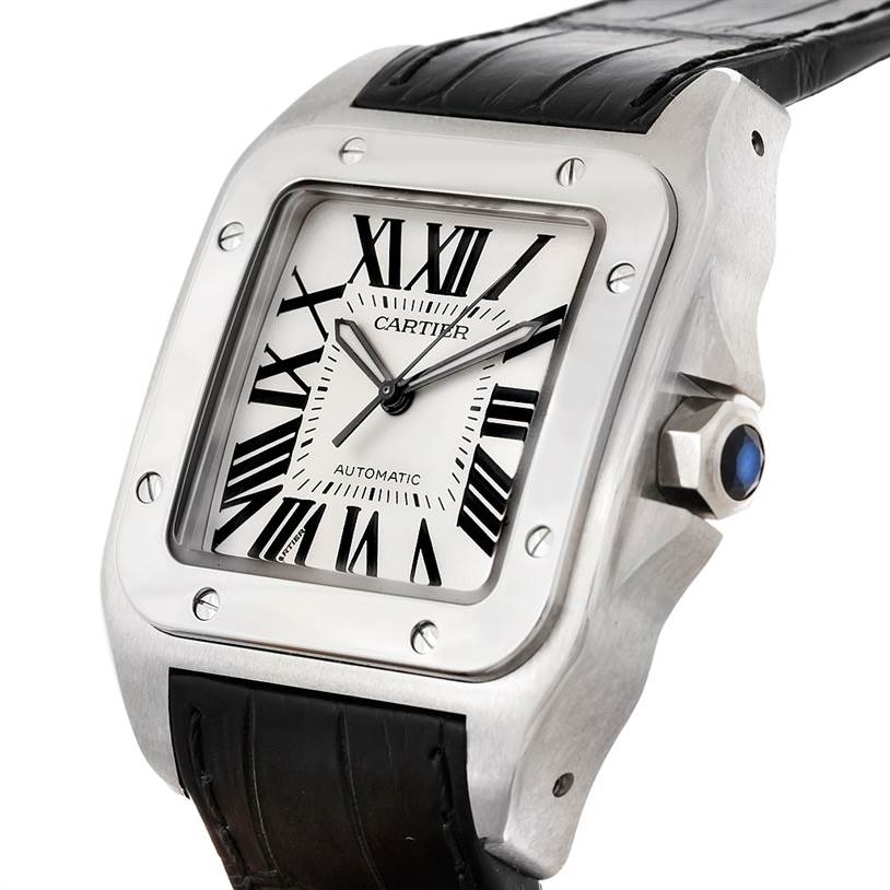 This image shows a Cartier Santos W20073X8 Men's Stainless Steel Silver Dial W20073X8 Men's Stainless Steel Silver Dial watch from a side angle, highlighting its square face, Roman numerals, crown, and leather strap.