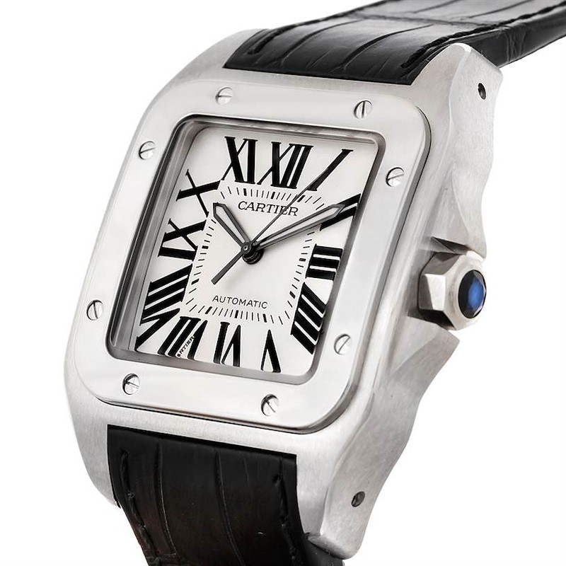 Cartier Santos 100 Stainless Black Strap Mens Watch W20073X8 Unworn SwissWatchExpo