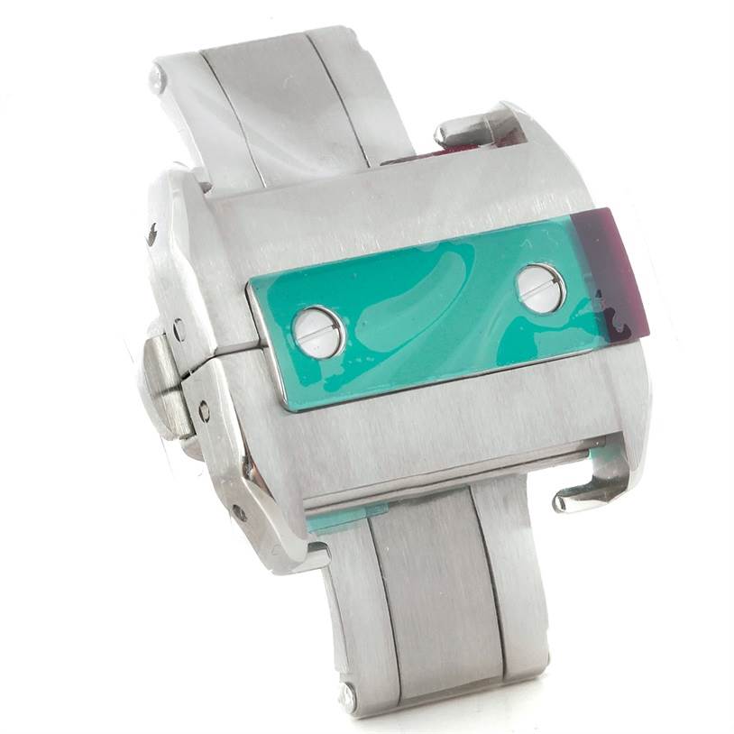 This image shows the side view of a Cartier Santos W20073X8 Men's Stainless Steel Silver Dial W20073X8 Men's Stainless Steel Silver Dial watch with a focus on the strap and buckle.