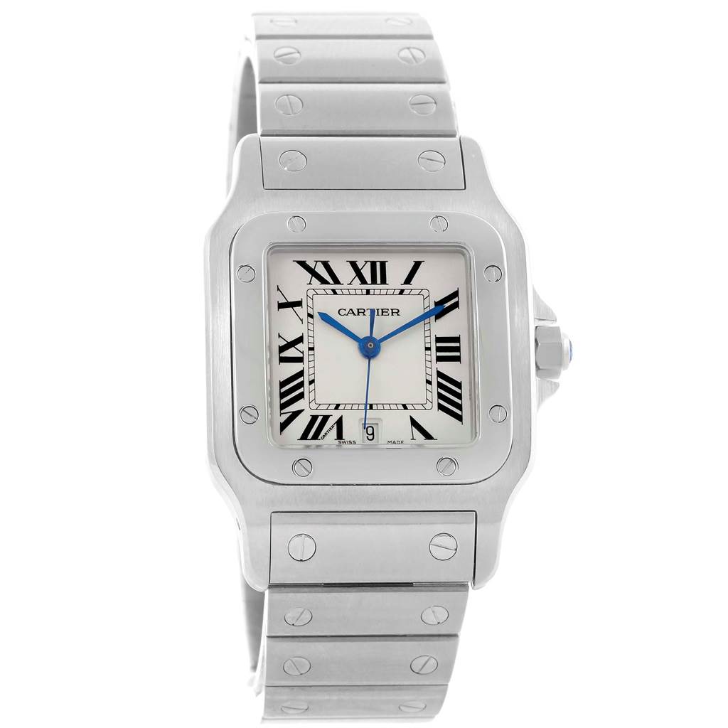 The image shows a front view of a Cartier Santos W20060D6 Men
s Stainless Steel Silver Dial W20060D6 Men
s Stainless Steel Silver Dial watch, highlighting its dial, case, and bracelet.