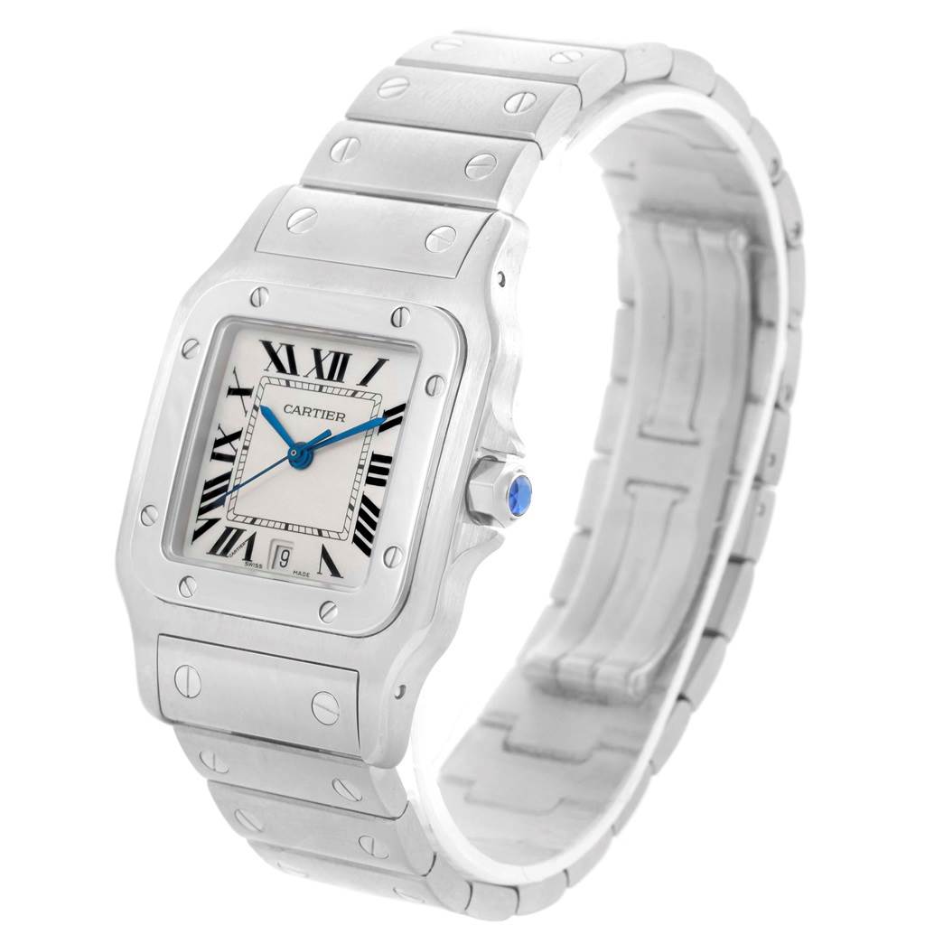 The image shows a Cartier Santos W20060D6 Men
s Stainless Steel Silver Dial W20060D6 Men
s Stainless Steel Silver Dial watch angled to display the face, bezel, crown, and part of the bracelet.