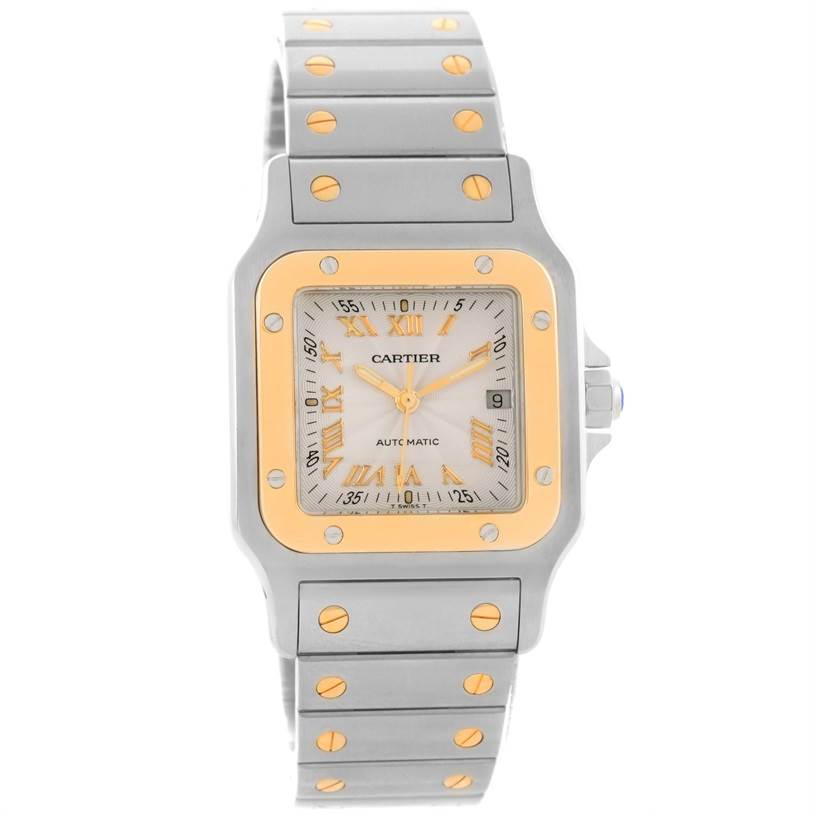 This image shows a Cartier Santos W20058C4 Men's Stainless Steel Silver Dial W20058C4 Men's Stainless Steel Silver Dial watch from a front angle, highlighting its face, bezel, and bracelet.