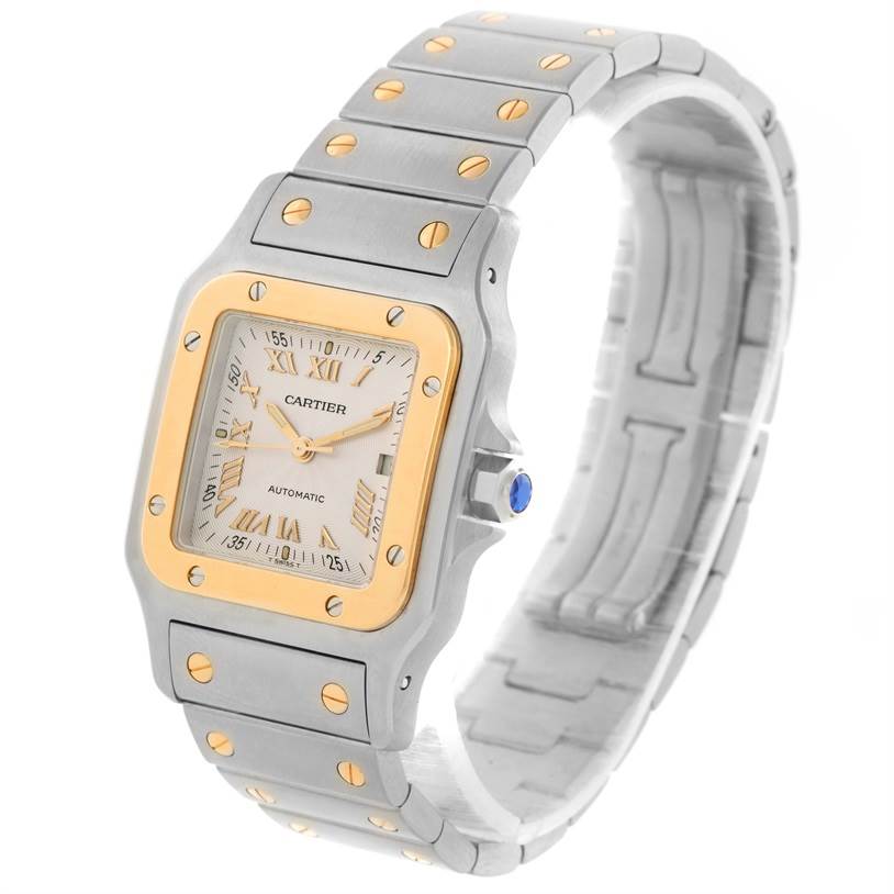The Santos de Cartier watch is shown from a slightly angled, front-left perspective, highlighting its face and band.