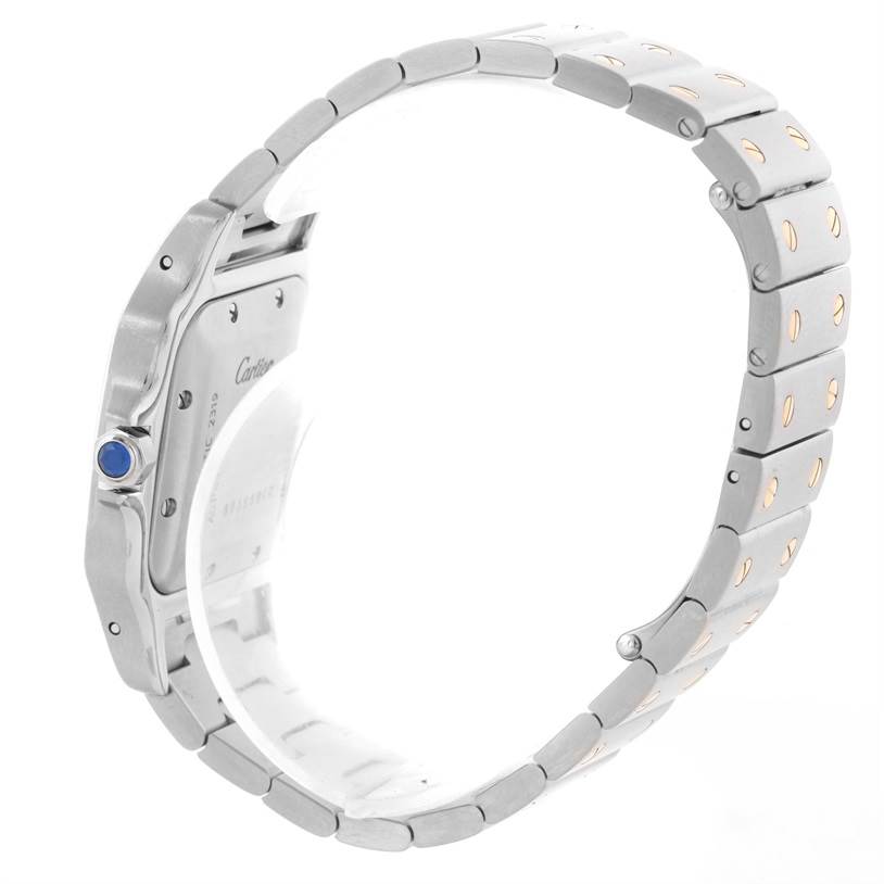 This image shows the side view and the back of the bracelet of a Santos model by Cartier.