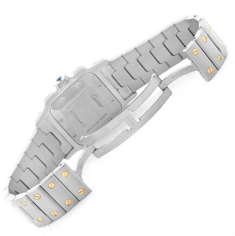 This image shows the back and bracelet of a Cartier Santos W20058C4 Men's Stainless Steel Silver Dial W20058C4 Men's Stainless Steel Silver Dial watch, with the folding clasp open and visible.