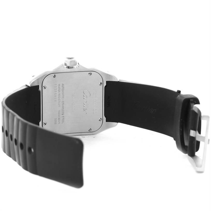 The image shows the back case and rubber strap of the Santos model by Cartier, viewed from an angled rear perspective.
