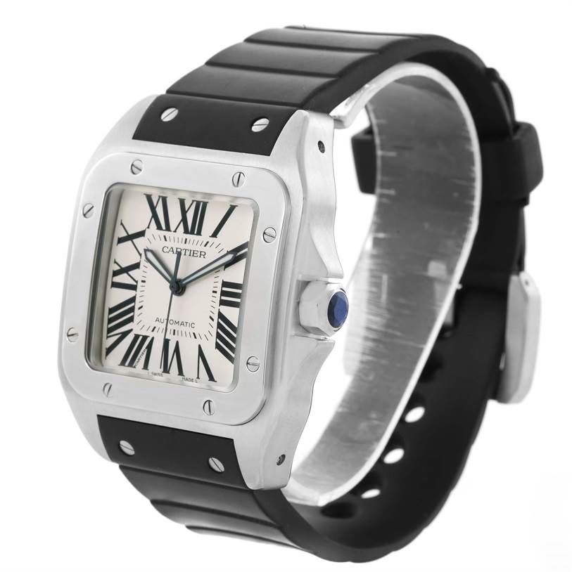 The Cartier Santos W20073X8 Men's Stainless Steel Silver Dial W20073X8 Men's Stainless Steel Silver Dial watch is shown at a slight side angle, displaying its square face, black strap, and screw details.