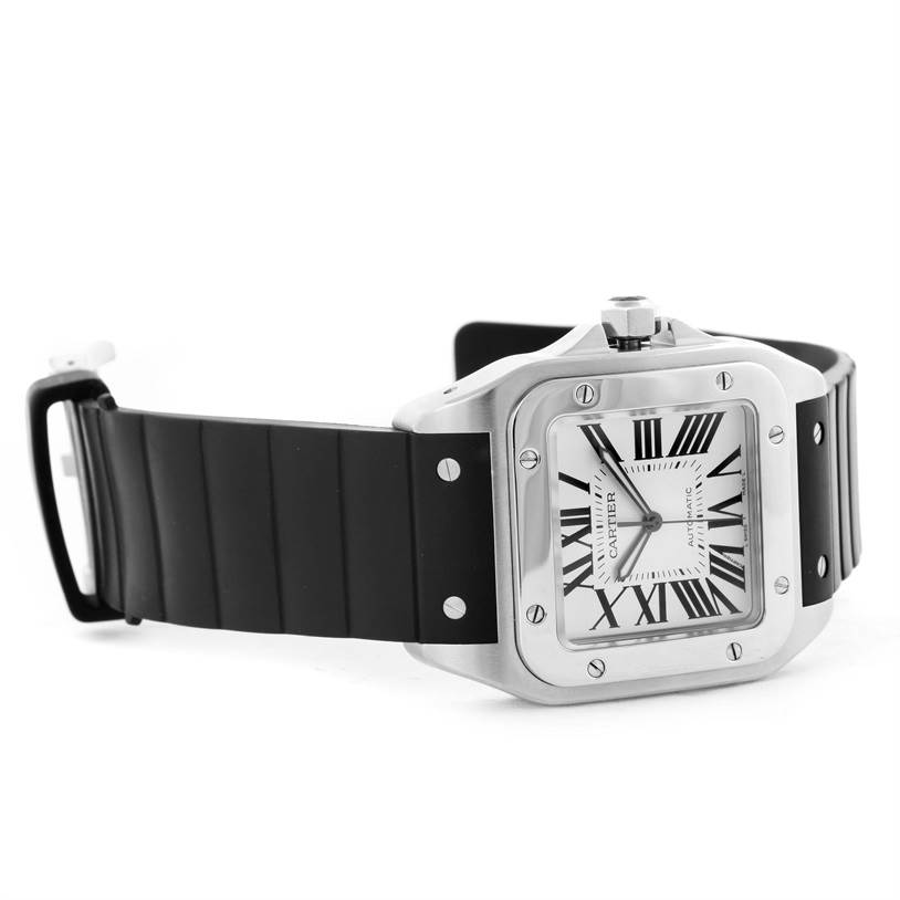 The image shows a Santos watch by Cartier, angled slightly from the front, highlighting the face, bezel, and part of the strap.