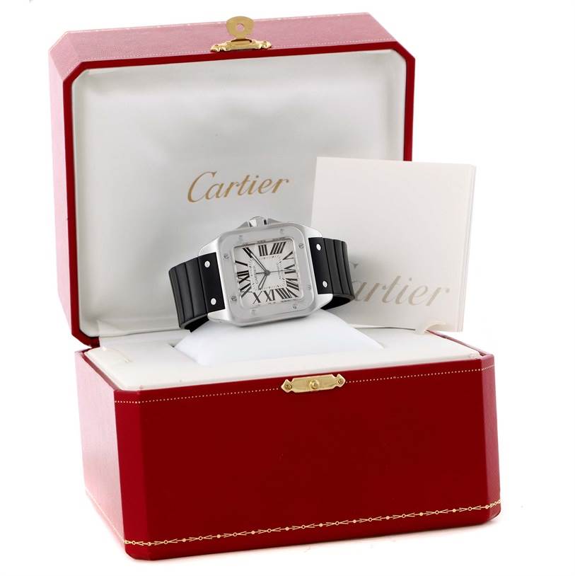 The Cartier Santos W20073X8 Men's Stainless Steel Silver Dial W20073X8 Men's Stainless Steel Silver Dial watch is displayed in an open red case with a black strap and Roman numeral face.