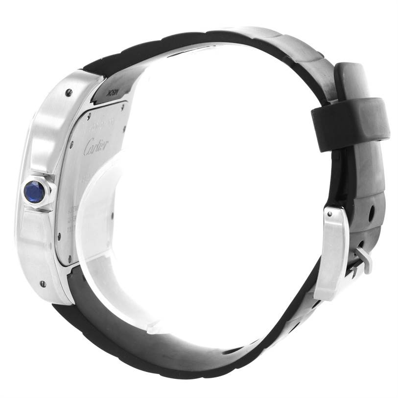 The image shows a side view of the back of a Cartier Santos W20073X8 Men's Stainless Steel Silver Dial W20073X8 Men's Stainless Steel Silver Dial watch, highlighting the crown and the rubber strap with a buckle.