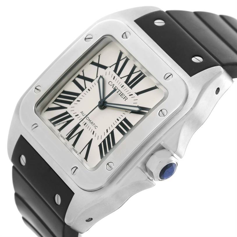 The image shows an angled close-up of the Cartier Santos W20073X8 Men's Stainless Steel Silver Dial W20073X8 Men's Stainless Steel Silver Dial watch face, bezel, crown, and part of the strap.