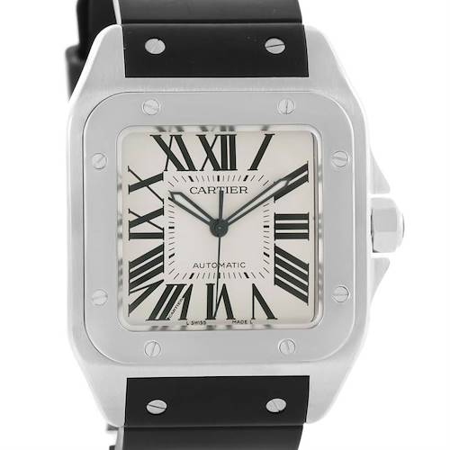 Photo of Cartier Santos 100 Steel Rubber Strap Automatic Mens Watch W20073X8