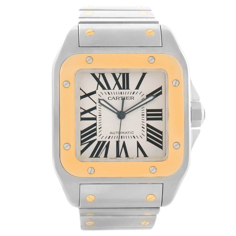 This image shows a front view of the Cartier Santos W200728G Men's Stainless Steel Silver Dial W200728G Men's Stainless Steel Silver Dial watch, focusing on the face, bezel, and part of the bracelet.