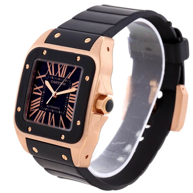 The Cartier Santos W20124U2 Men
s Rose Gold Black Dial W20124U2 Men
s Rose Gold Black Dial watch is shown at an angle displaying the face, bezel, and black rubber strap.