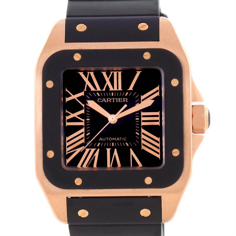 The image shows the front view of the Cartier Santos W20124U2 Men
s Rose Gold Black Dial W20124U2 Men
s Rose Gold Black Dial watch, with its dial, bezel, and part of the strap visible.