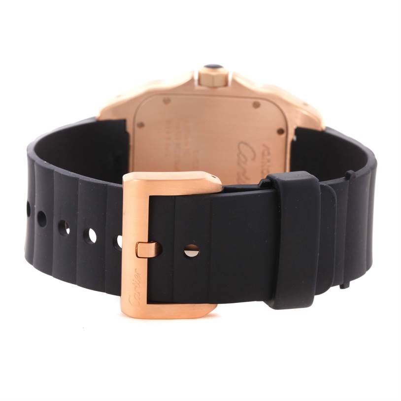 This image shows the back view of the Cartier Santos W20124U2 Men
s Rose Gold Black Dial W20124U2 Men
s Rose Gold Black Dial watch with a black strap and a rose gold buckle.