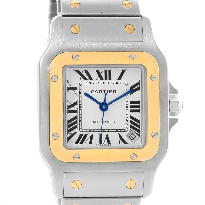 This image shows the front of the Cartier Santos W20099C4 Men's Stainless Steel Silver Dial W20099C4 Men's Stainless Steel Silver Dial model watch, highlighting its face, bezel, and part of its bracelet.