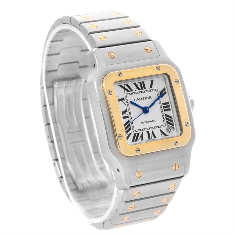 This image shows a Cartier Santos W20099C4 Men's Stainless Steel Silver Dial W20099C4 Men's Stainless Steel Silver Dial watch at a three-quarter angle, displaying its face, bezel, and bracelet.