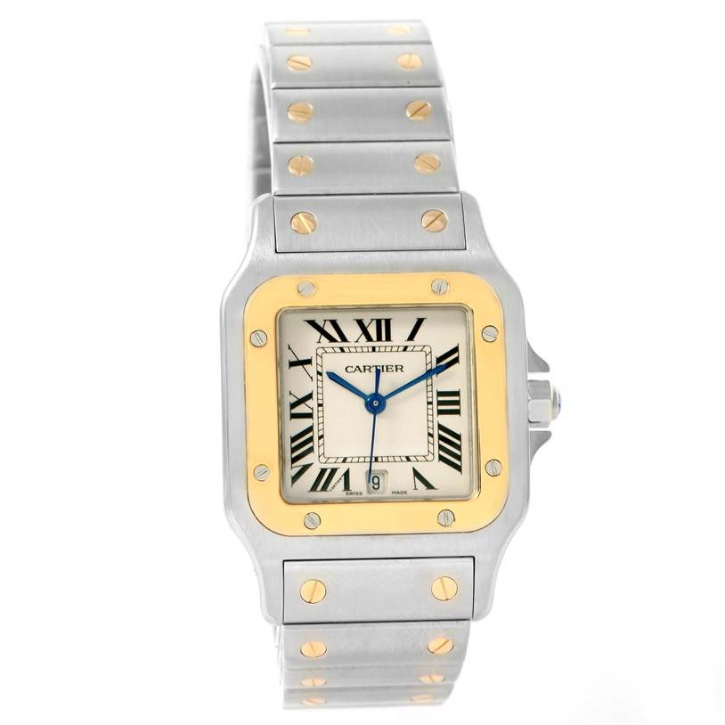 The Cartier Santos W20011C4 Men
s Stainless Steel Silver Dial W20011C4 Men
s Stainless Steel Silver Dial watch is shown from the front, displaying its face, bezel, and metal bracelet with gold screws.