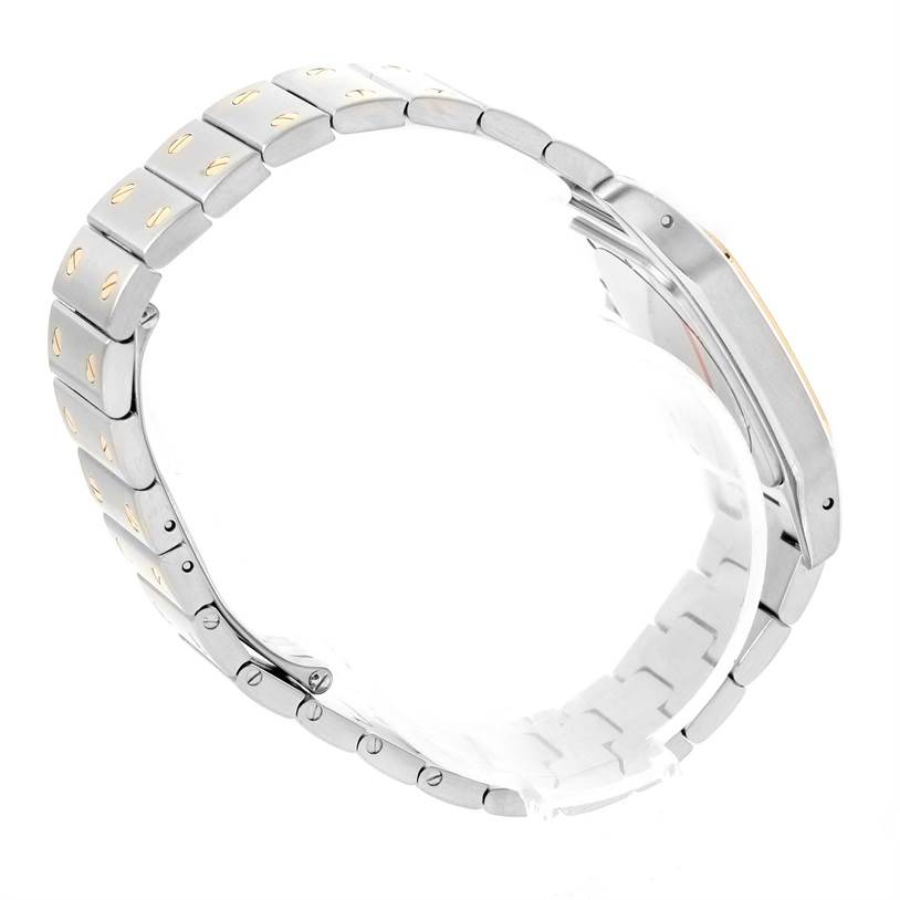 The image shows a side and partial angle view of the band and case of a Santos model watch by Cartier.