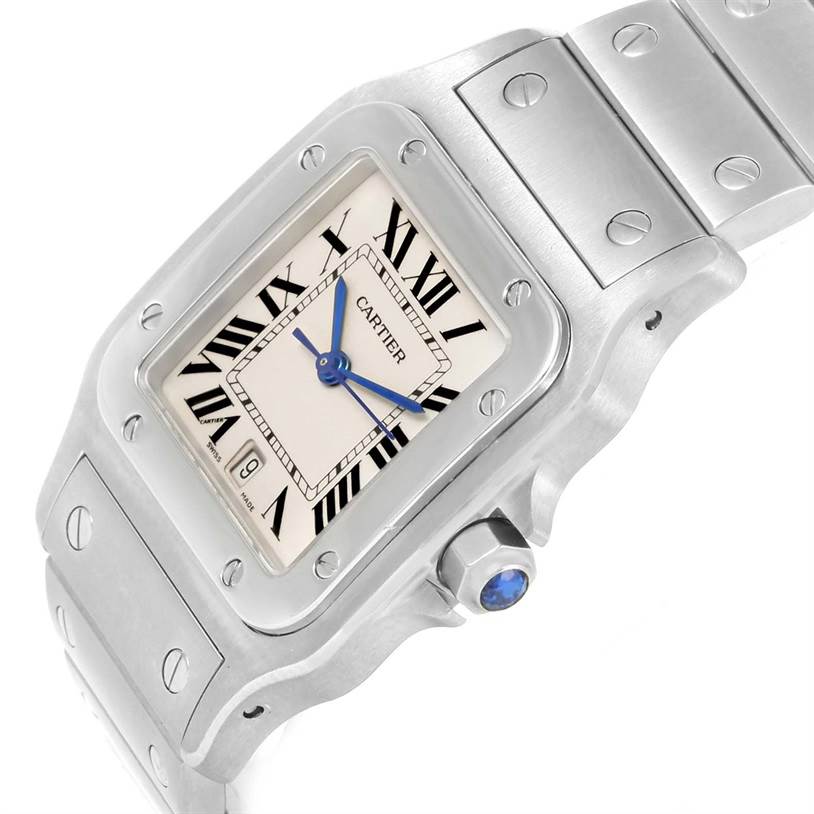 The Santos de Cartier watch is shown angled slightly to the right, highlighting its face, bezel, and part of the band.