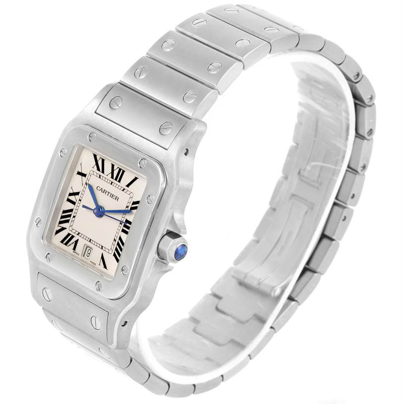 The image shows a Cartier Santos W20060D6 Men
s Stainless Steel Silver Dial W20060D6 Men
s Stainless Steel Silver Dial watch from a side angle, highlighting the face, bezel, crown, and metal bracelet.