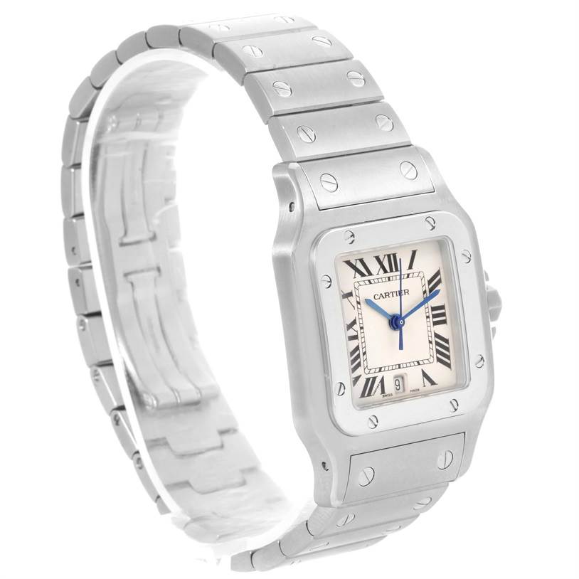 This image shows a Cartier Santos W20060D6 Men
s Stainless Steel Silver Dial W20060D6 Men
s Stainless Steel Silver Dial model watch from a front angle, highlighting its square face and metal bracelet.