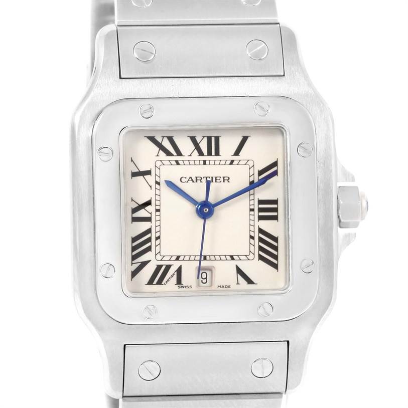 The image shows a front view of a Cartier Santos W20060D6 Men
s Stainless Steel Silver Dial W20060D6 Men
s Stainless Steel Silver Dial watch, highlighting the dial, bezel, and part of the bracelet.