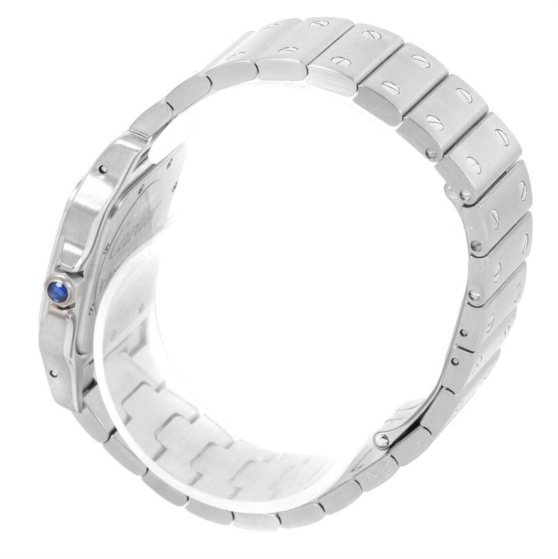 This image shows the side view of the bracelet and part of the case of a Cartier Santos W20060D6 Men
s Stainless Steel Silver Dial W20060D6 Men
s Stainless Steel Silver Dial watch.