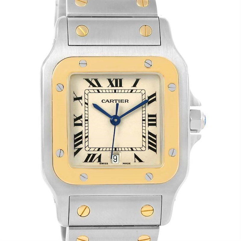 This is a front view of the Cartier Santos watch, showing the face, bezel, and part of the stainless steel bracelet.