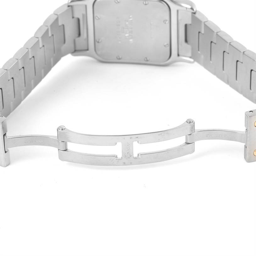This image shows the back of a Santos by Cartier watch, highlighting its stainless steel clasp and bracelet.