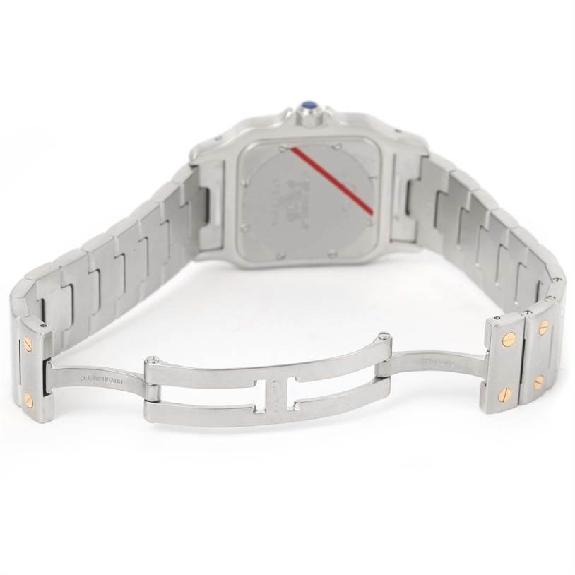 This image shows the back and clasp of the Cartier Santos W20011C4 Stainless Steel Silver Dial W20011C4 Stainless Steel Silver Dial watch, highlighting its stainless steel bracelet.