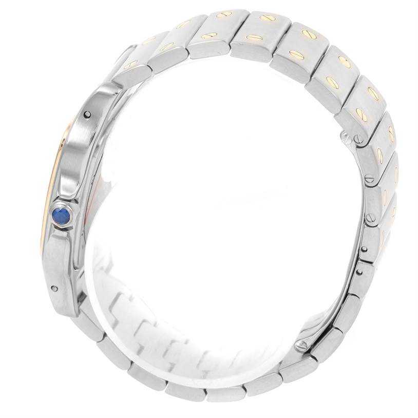 The image shows a side view of the Cartier Santos W20011C4 Stainless Steel Silver Dial W20011C4 Stainless Steel Silver Dial watch, highlighting its bracelet and case with the crown visible.