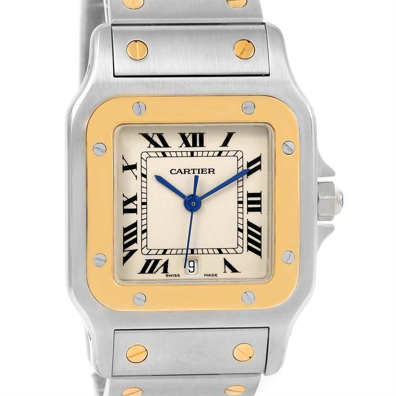 This image shows a front view of a Cartier Santos W20011C4 Stainless Steel Silver Dial W20011C4 Stainless Steel Silver Dial watch, focusing on the dial, bezel, and part of the bracelet.