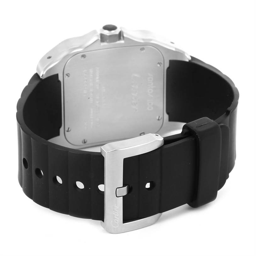 This image shows the back view of a Cartier Santos W20121U2 Men
s Stainless Steel Silver Dial W20121U2 Men
s Stainless Steel Silver Dial watch, highlighting its case back and black rubber strap with a buckle.
