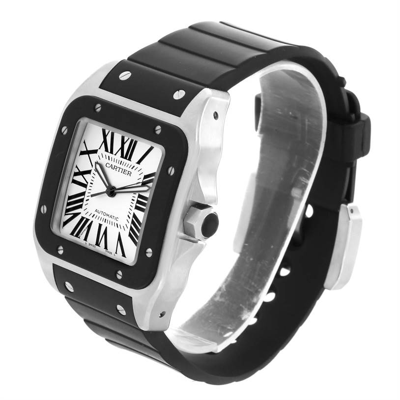 The image shows a Cartier Santos W20121U2 Men
s Stainless Steel Silver Dial W20121U2 Men
s Stainless Steel Silver Dial watch at a three-quarter angle displaying the face, bezel, and strap.