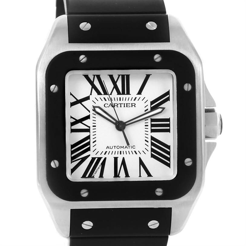 The image shows a front view of a Cartier Santos W20121U2 Men
s Stainless Steel Silver Dial W20121U2 Men
s Stainless Steel Silver Dial watch, highlighting the dial, bezel, and part of the strap.
