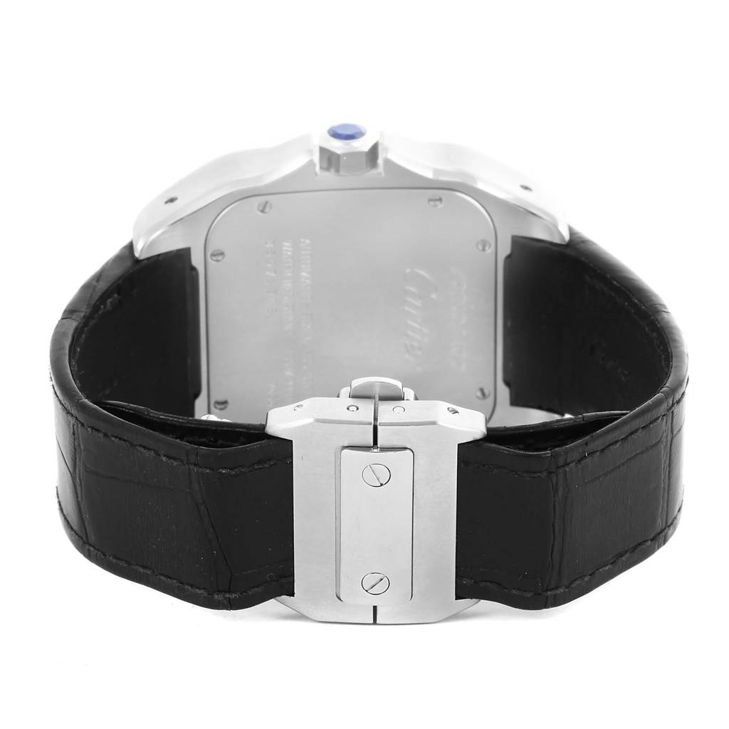 The image shows the back case and clasp of a Santos model by Cartier, viewed from the rear angle.