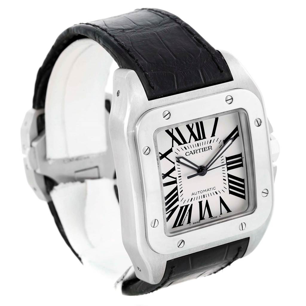 The Cartier Santos W20073X8 Men's Stainless Steel Silver Dial W20073X8 Men's Stainless Steel Silver Dial watch is shown at a three-quarter angle, displaying the face, case, and black leather strap.