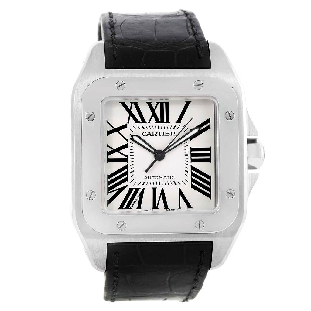 The image shows a front view of a Cartier Santos W20073X8 Men's Stainless Steel Silver Dial W20073X8 Men's Stainless Steel Silver Dial watch, displaying its face, Roman numerals, and black leather strap.