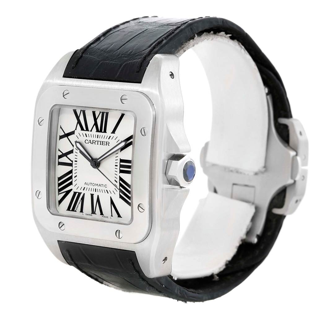 This is a Cartier Santos W20073X8 Men
s Stainless Steel Silver Dial W20073X8 Men
s Stainless Steel Silver Dial watch showing a front and angled view, featuring its square face, Roman numerals, and leather strap.