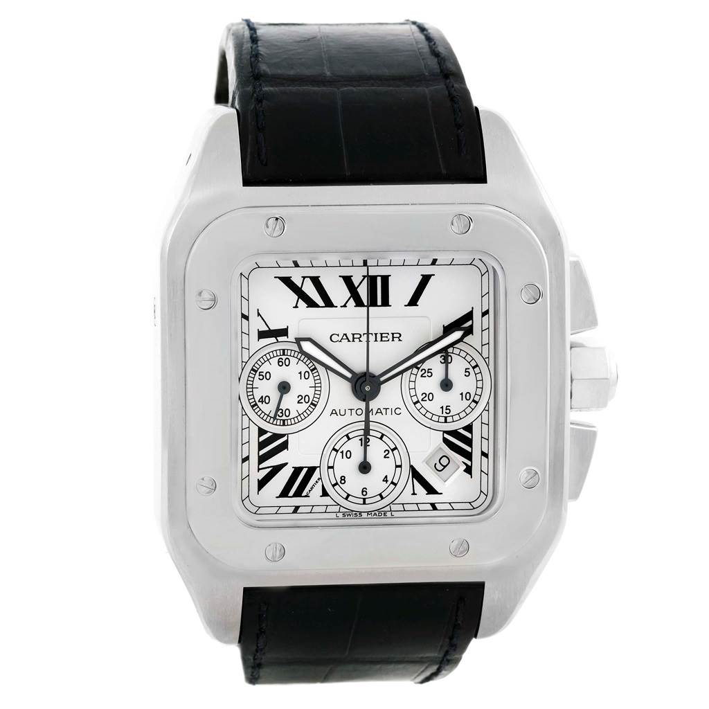 This image shows a front view of the Cartier Santos W20090X8 Men
s Stainless Steel Silver Dial W20090X8 Men
s Stainless Steel Silver Dial watch, featuring its dial, bezel, and leather strap.