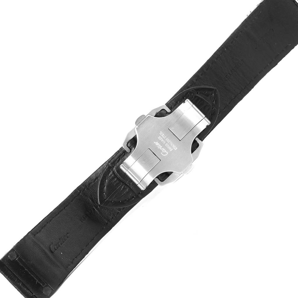 This image shows the backside of the clasp and black leather strap of a Santos model by Cartier.