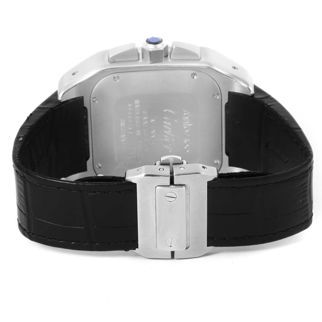 The image shows the back view of a Santos model by Cartier, highlighting the clasp and leather strap.